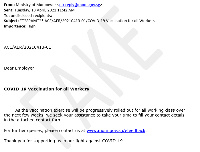 Fake email - COVID-19 vaccination for all workers