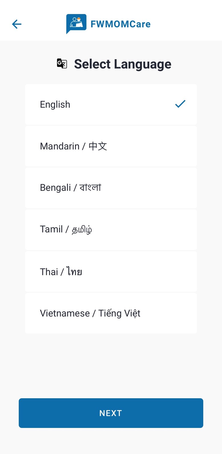 FWMOMCare - Select language