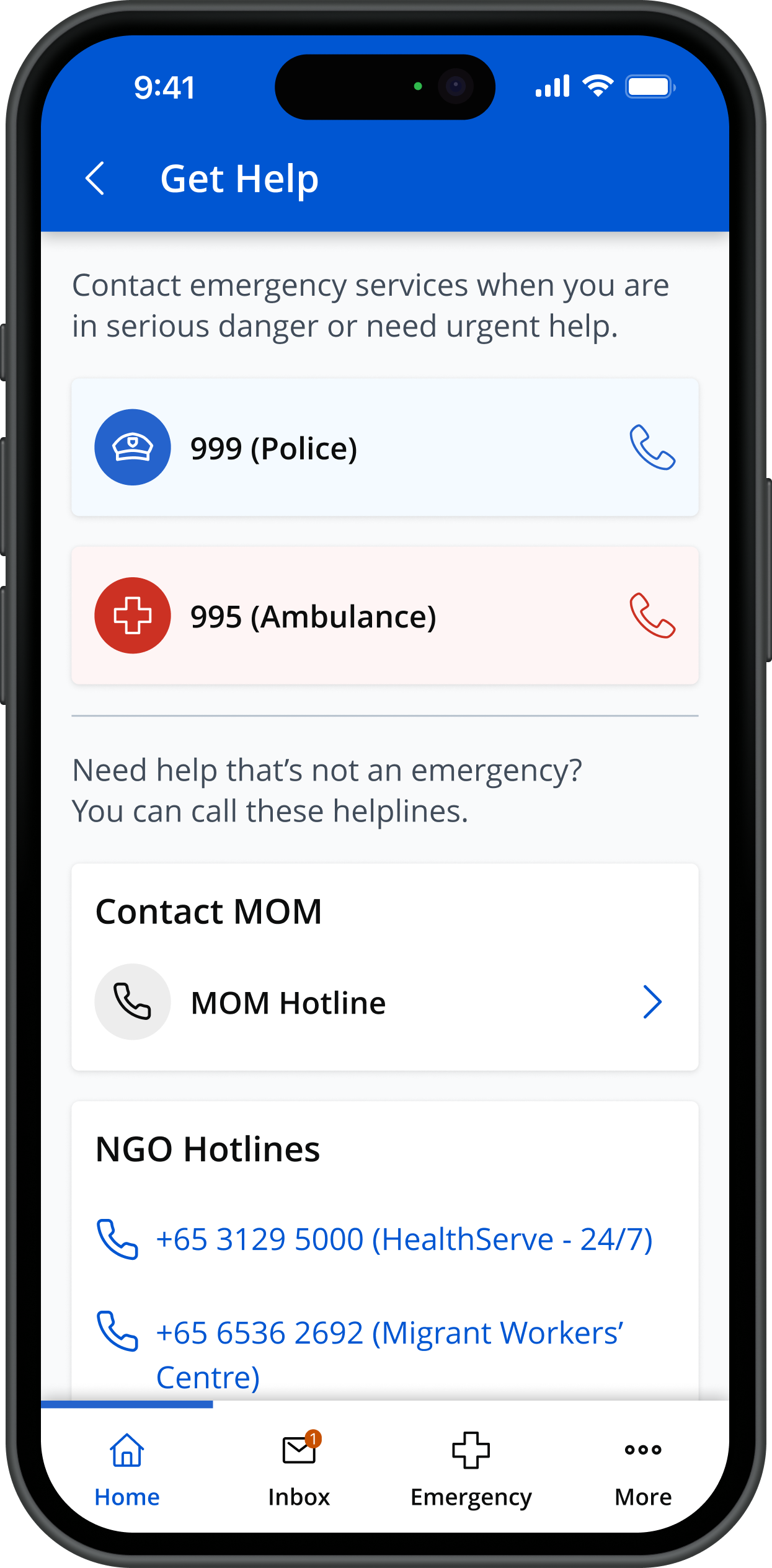 Tap on a number to call for help