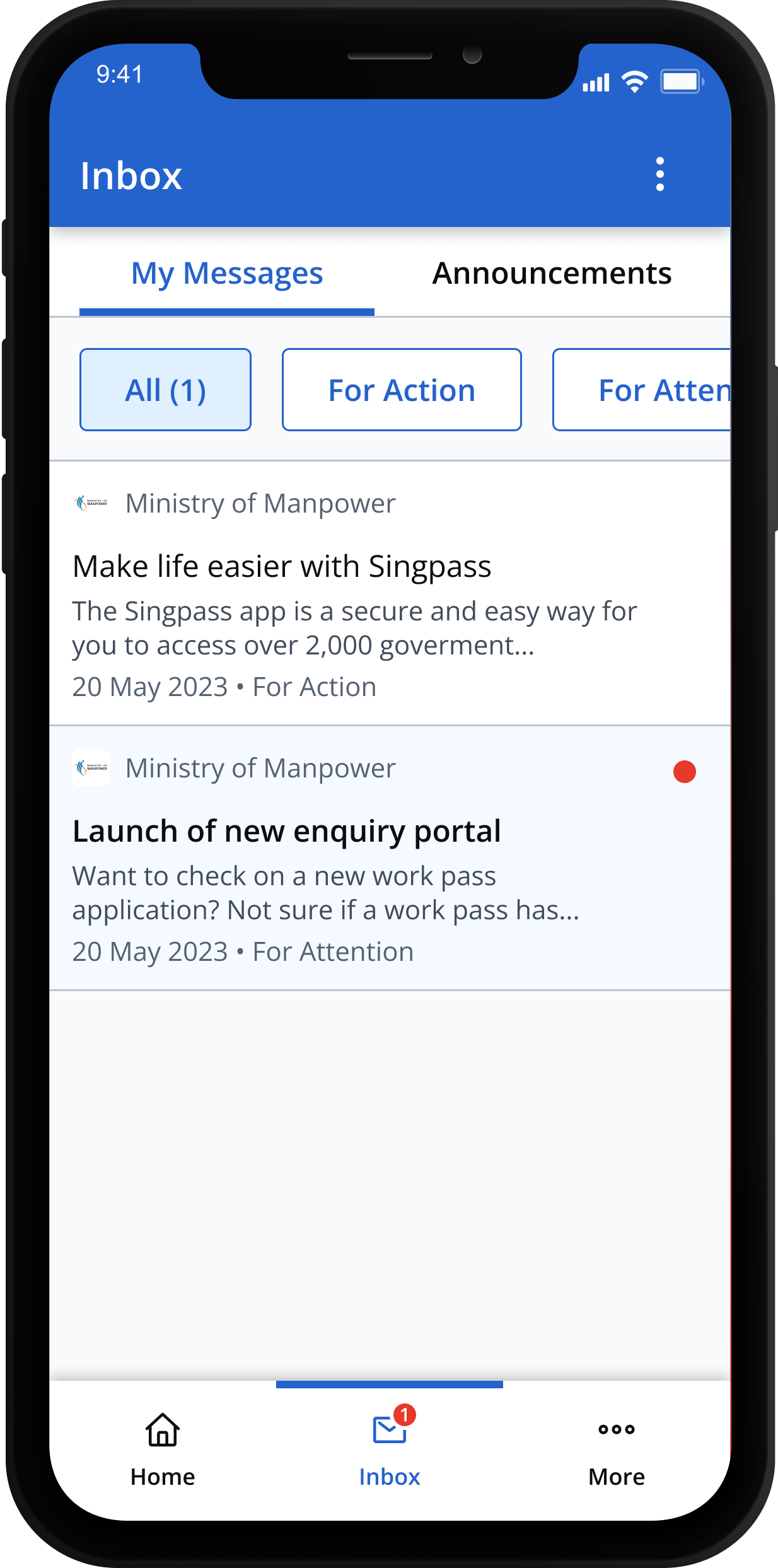 Message inbox SGWorkPass